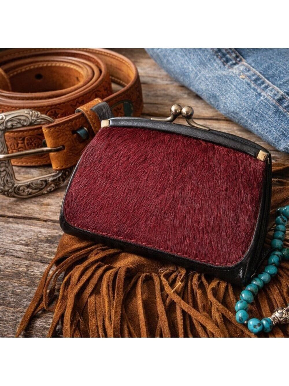 Fossil Leather & Hair-On Hide Frame Wallet Red Black Kiss Lock Clutch